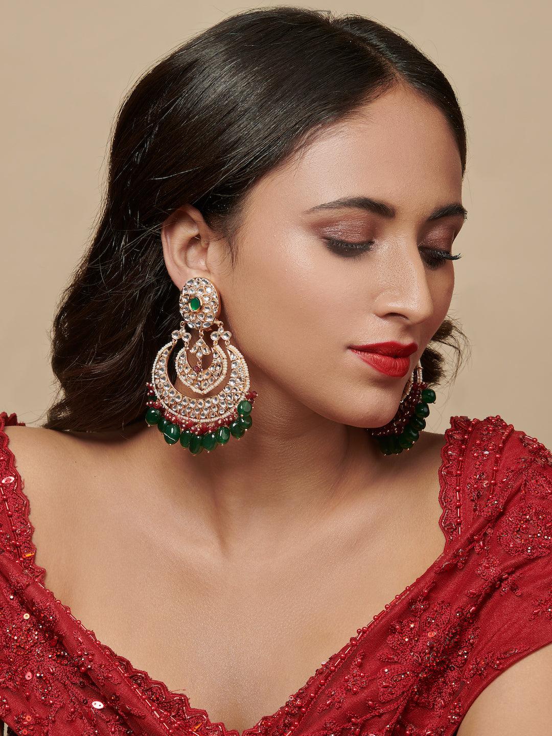 Layered Red And Green Drops Traditional Chandbali Earrings Curio Cottage Layered Red And Green Drops Traditional Chandbali Earrings Curio Cottage