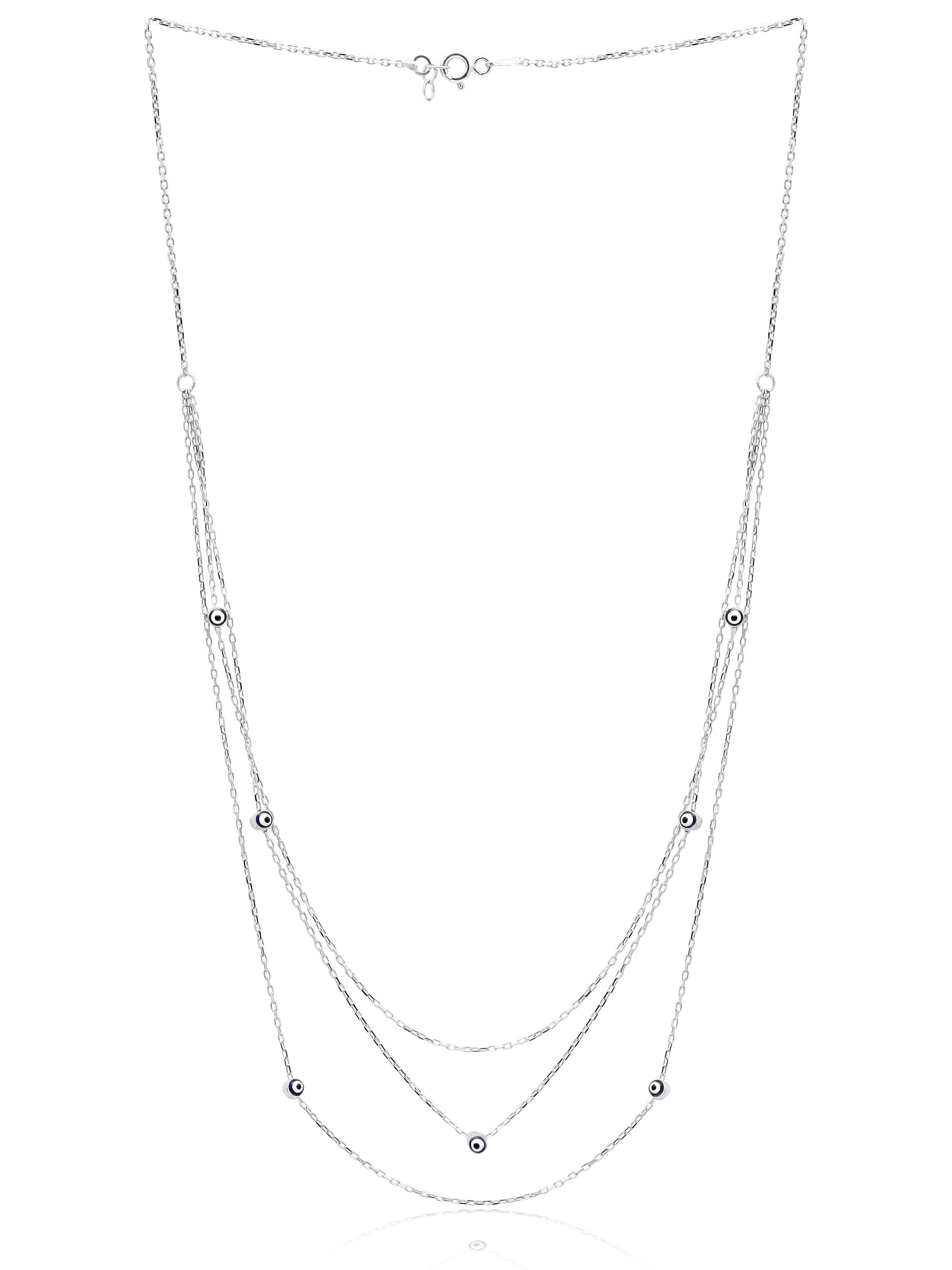 Sterling Beaded Evil Eye Three Layered Silver Chain Necklace