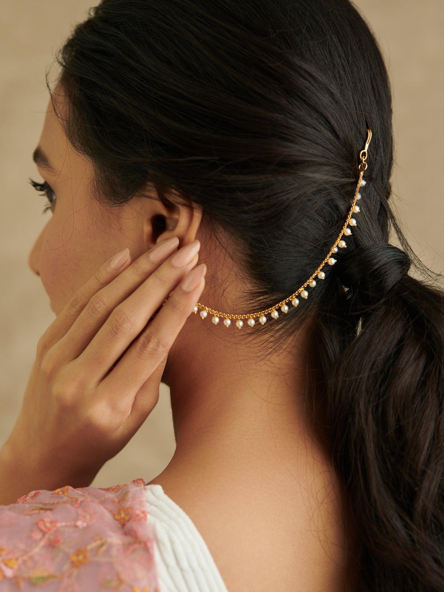 22K Gold Plated Single Layered Droplets Of Pearls Ear Chain