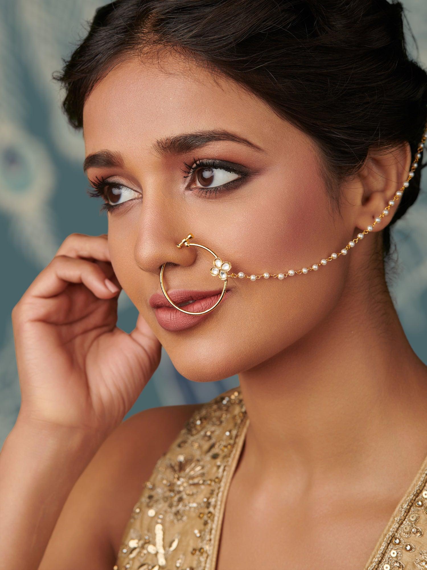 Gold toned Customizable Kundan Clover Nath – Curio Cottage