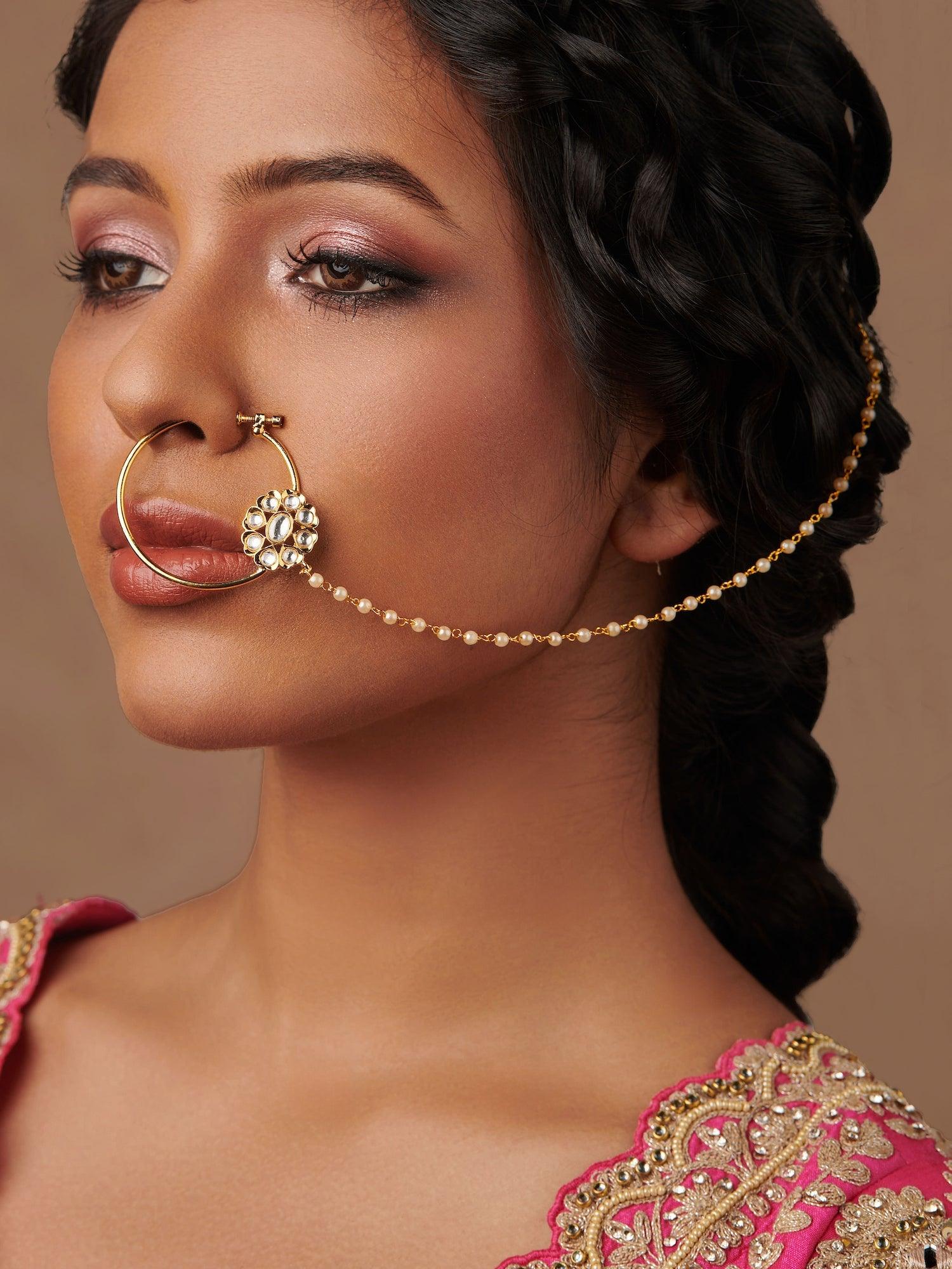 Royal Elegance: 18 KT Gold Plated Foral Kundan Rajwadi Nath