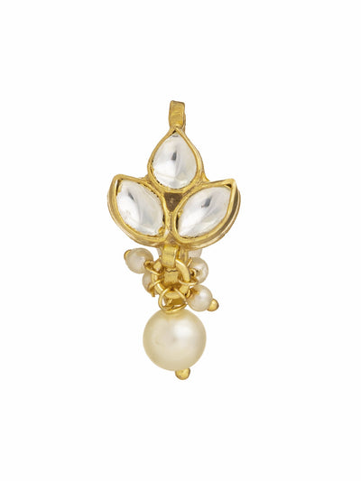  Glistening Clover Kundan Clip-On Nose Pin with Pearl Drop