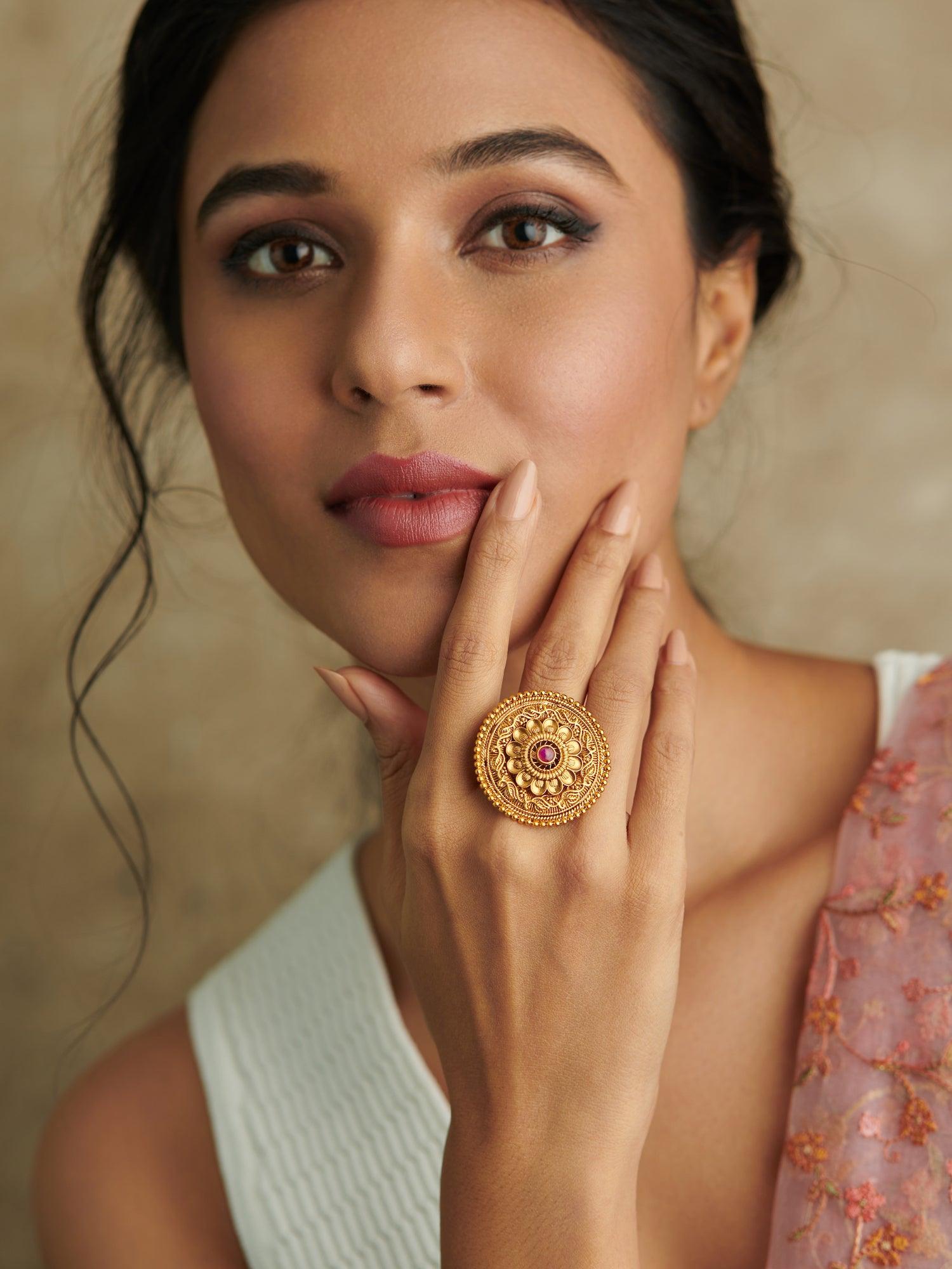 22K Gold Plated Ruby Studded Floral Carved Ring – Curio Cottage