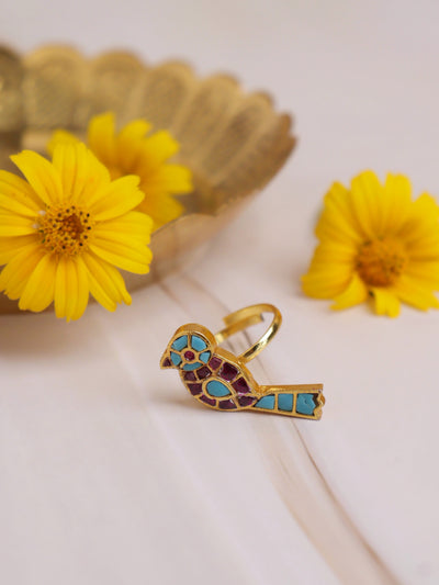  Kundan Parrot Ring Adorned with Multicolored Gemstones