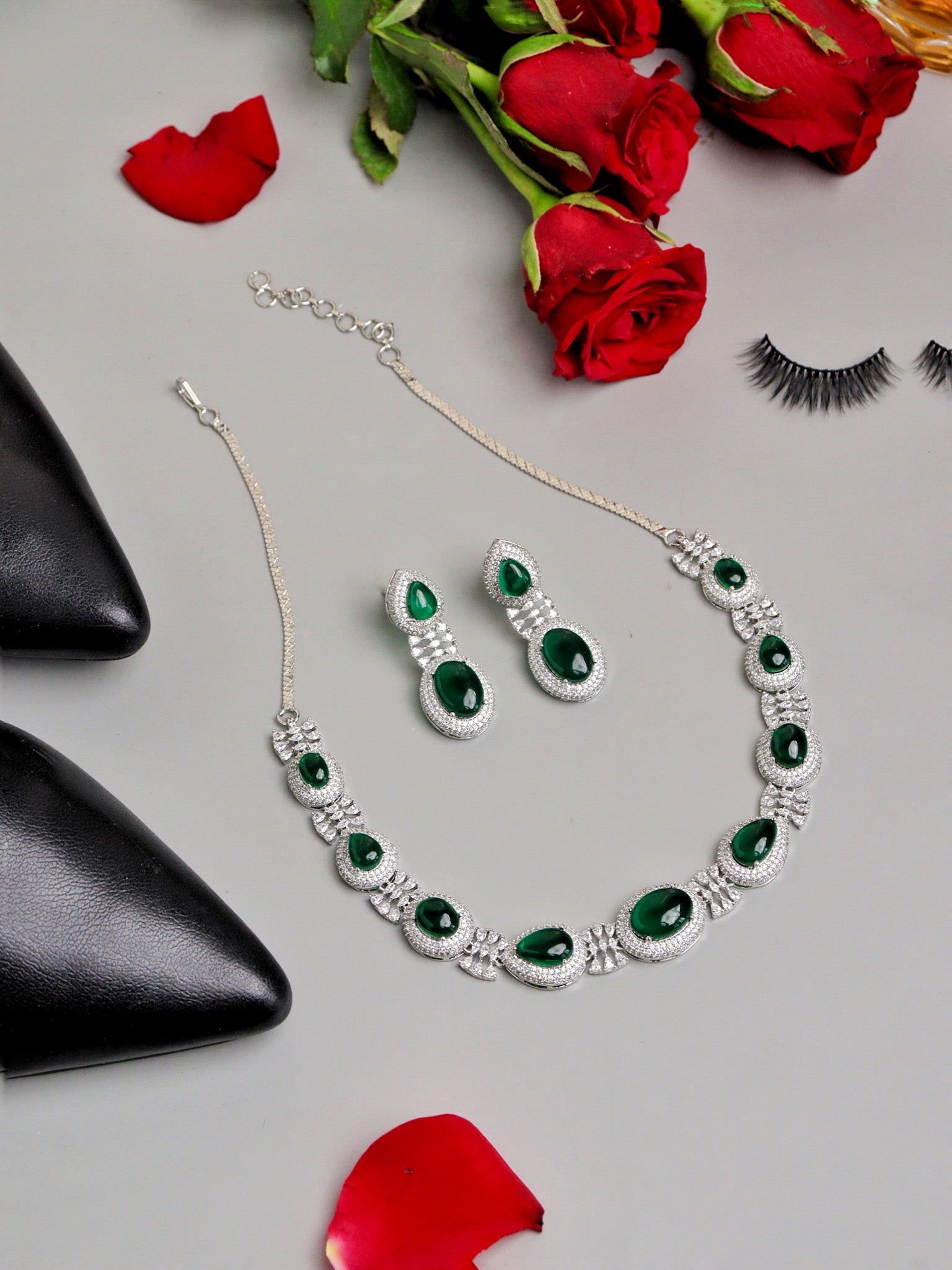  Emerald Green CZ Cabachon Couture Necklace Set