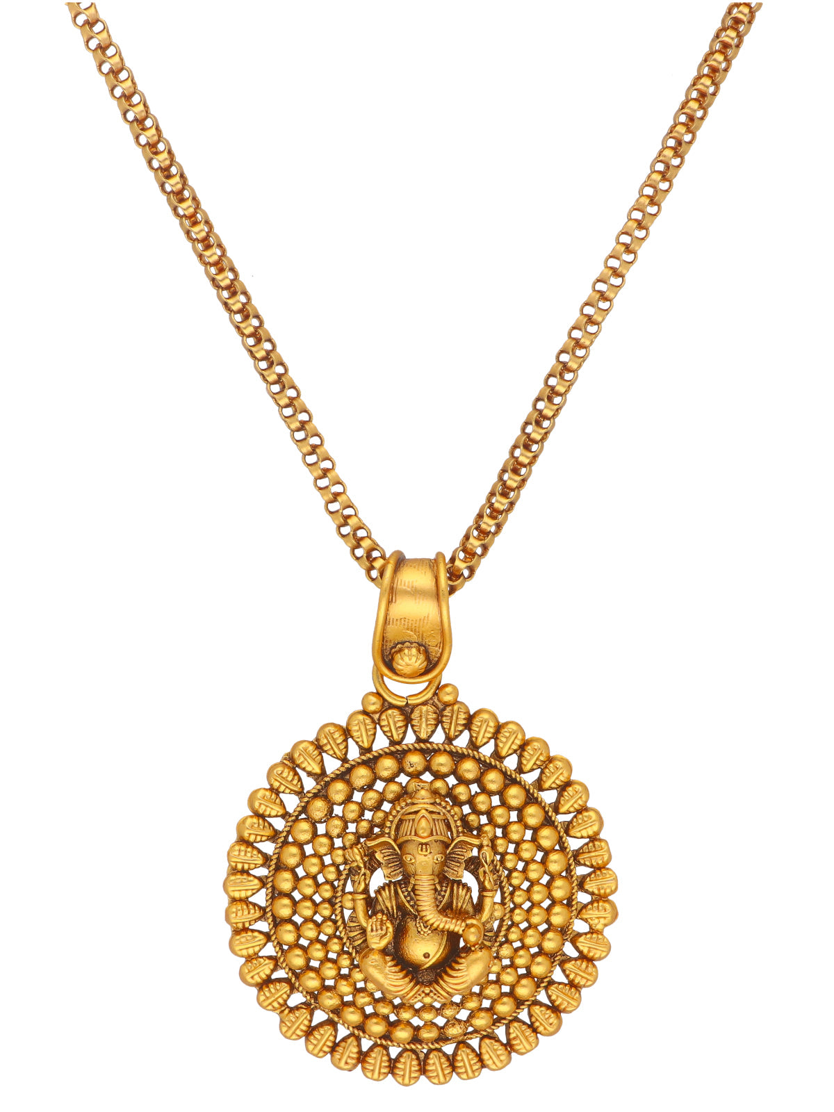22K Gold Plated Ganesha Centered Pendant Set With Earrings 