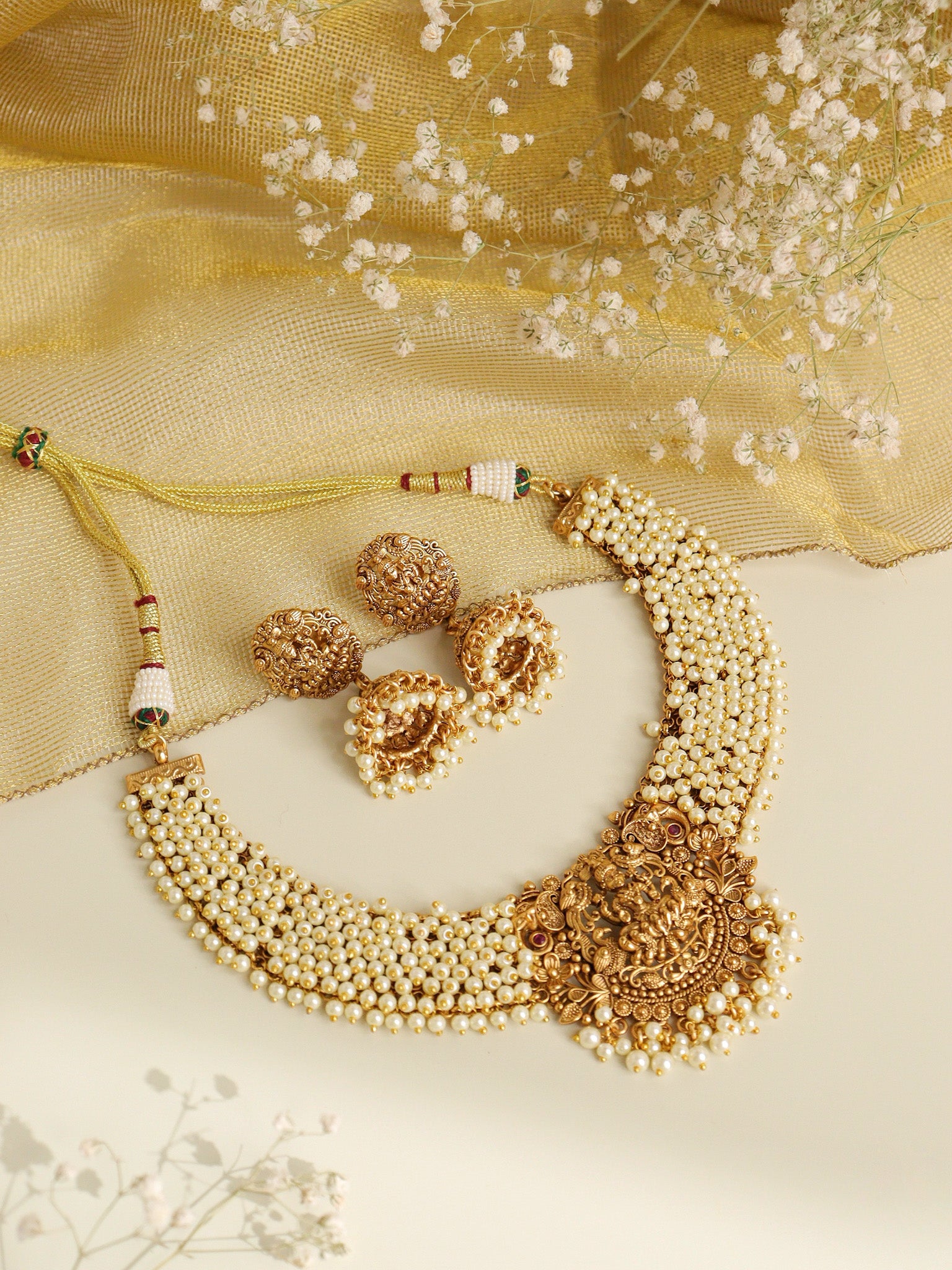  22k Gold Plated Divine Laxmi's Pearl Embrace Temple Necklace Set