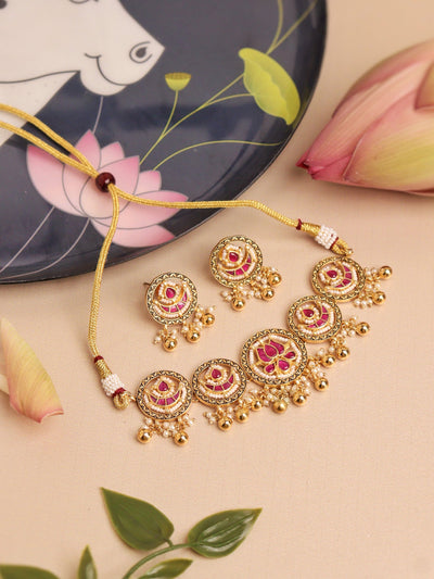  22 KT Gold-Plated Handcrafted Lotus Choker Set With Bead Drops