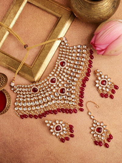  22 KT Gold-Plated Ruby Studded Polki Bridal Necklace Set