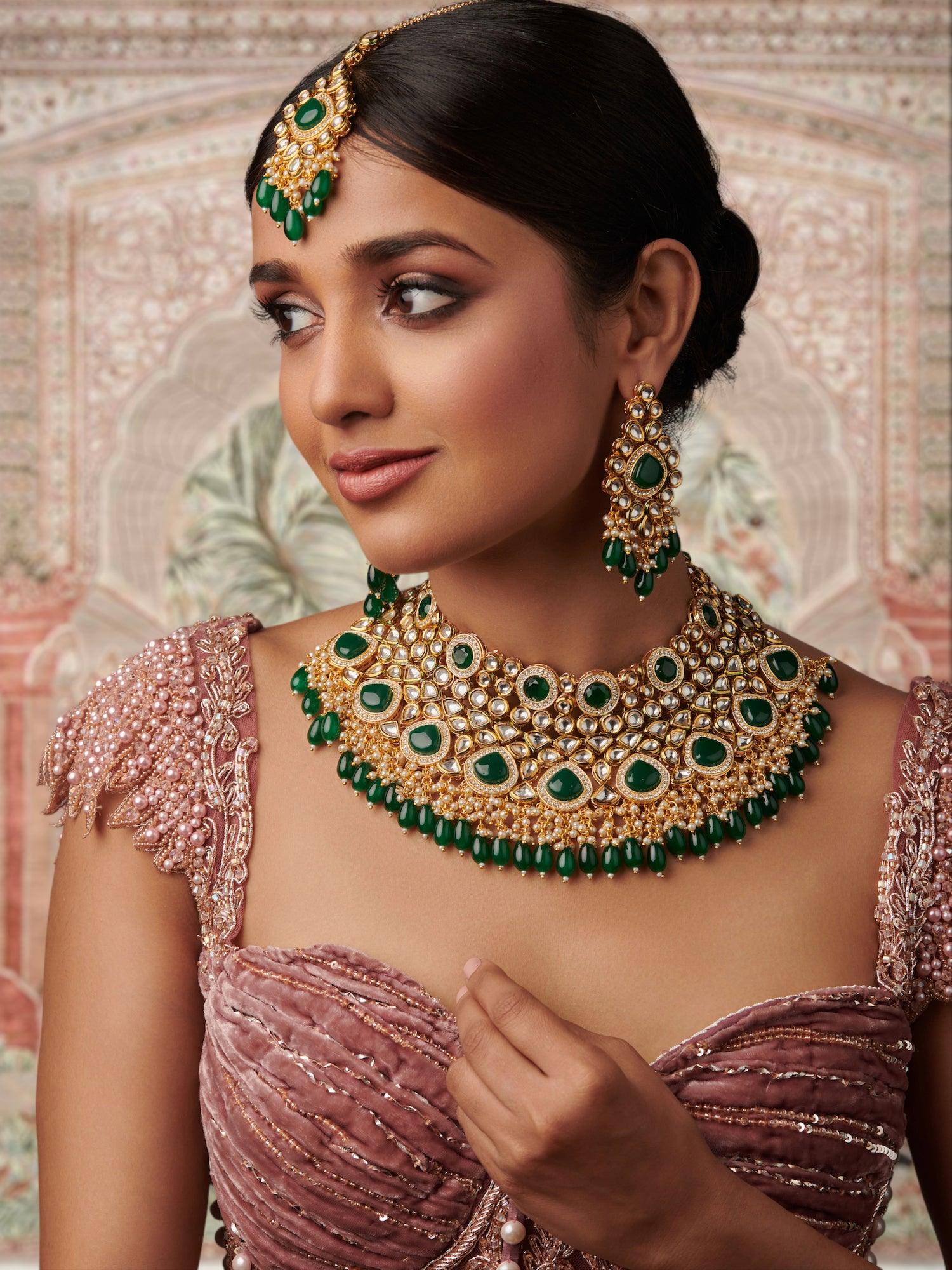 22 KT Gold Plated Cz Studded Emerald Green Kundan Polki Bridal