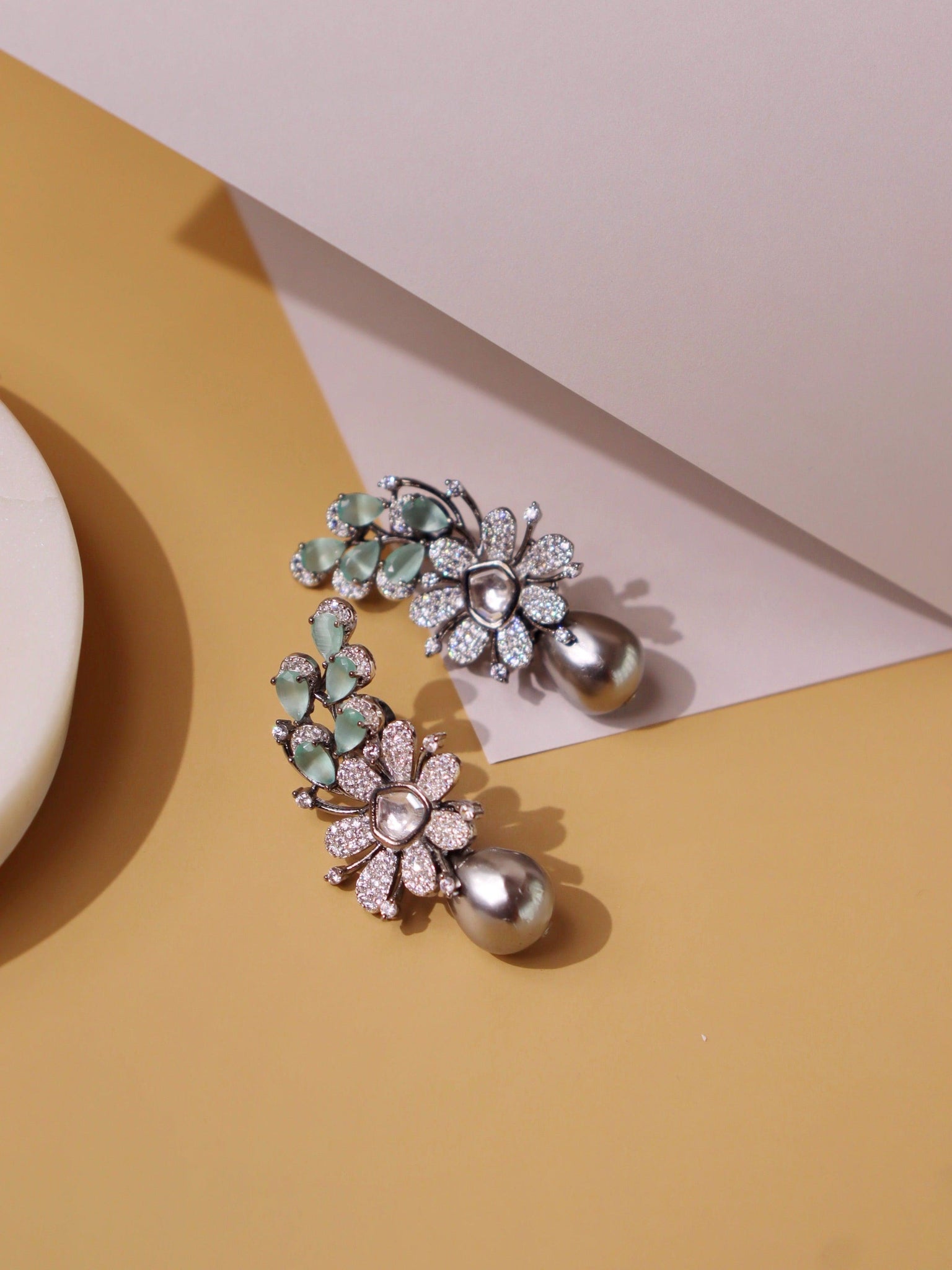 Diamante Metallic Pearls And Cubic Zirconia Floral Studs. - Default Title (FEC109) 