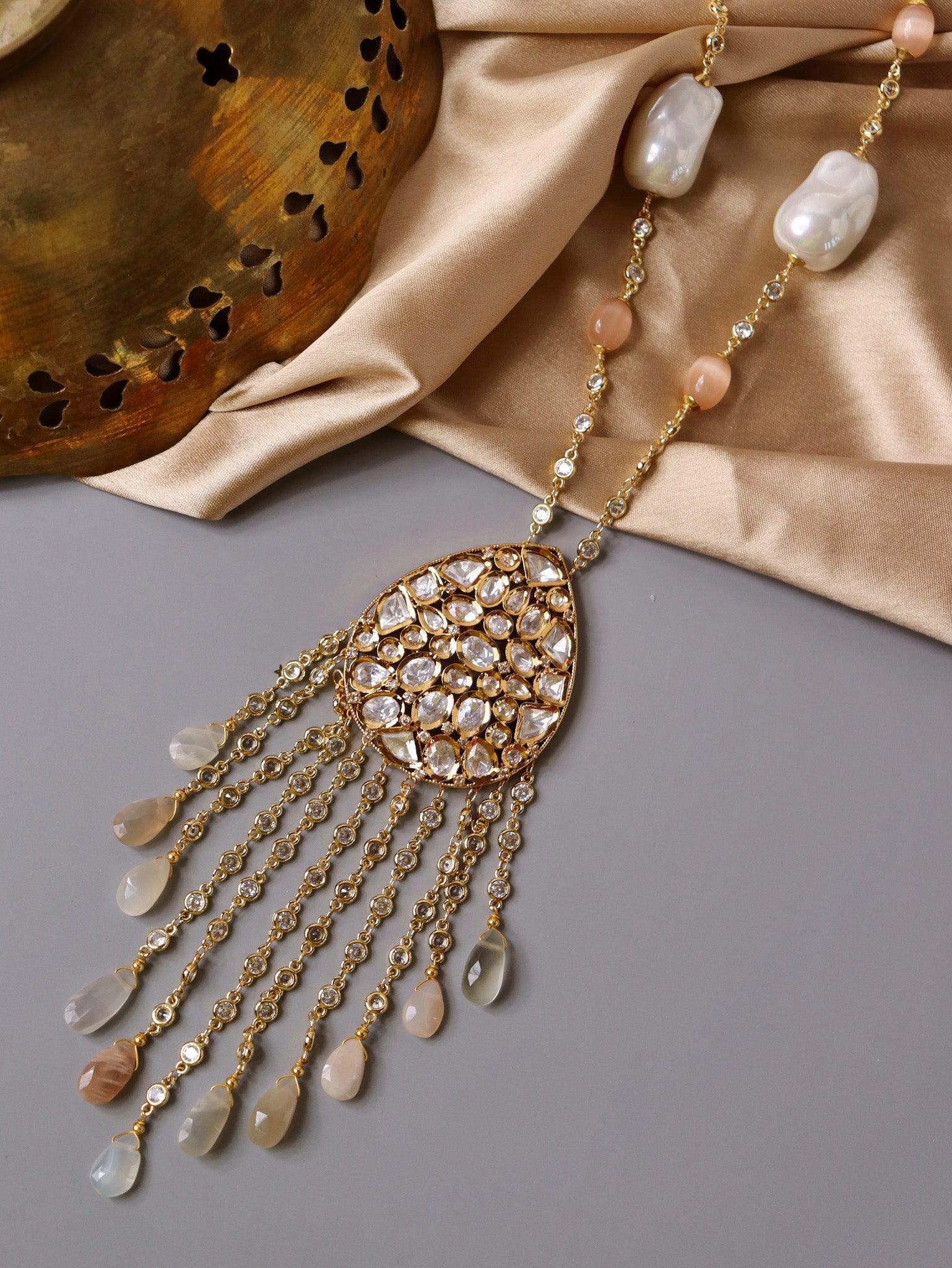 Stone Appeal Pearls and Coloured Stones Embellished Crystal Long Necklace - Curio Cottage Stone Appeal Pearls and Coloured Stones Embellished Crystal Long Necklace