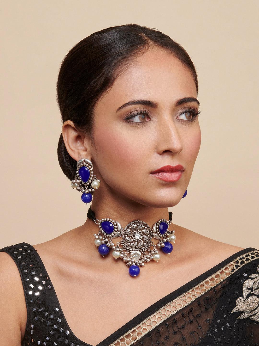 Aria Oxidised And Blue Stone,Kundanand Pearl Embellished Choker Set