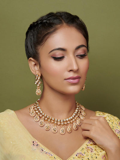 Pastel Pink Kundan And Pearls Bridal Necklace Set - Curio Cottage 