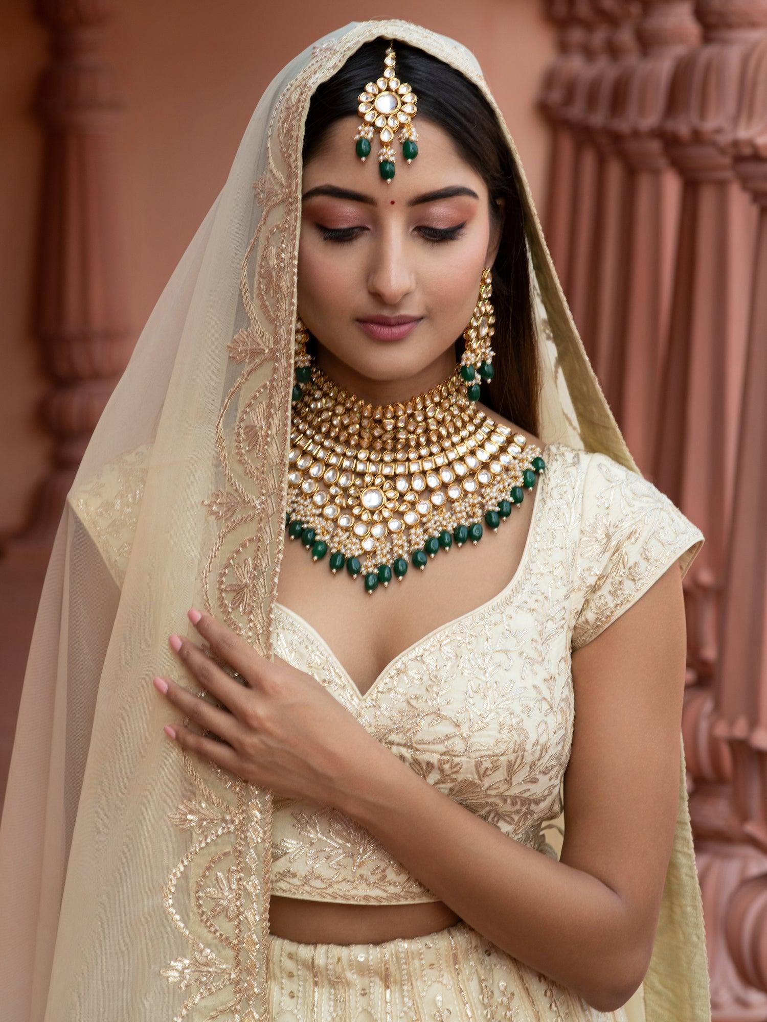 Bridal Kundan and Green Stones High Neck Choker Set – Curio Cottage