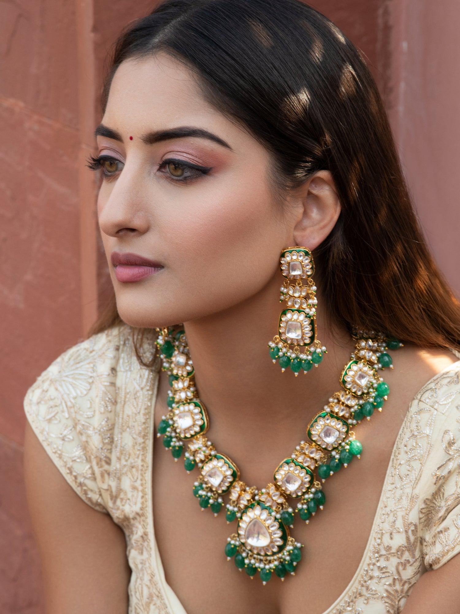 Bridal Emerald Green Kundan Long Necklace Set