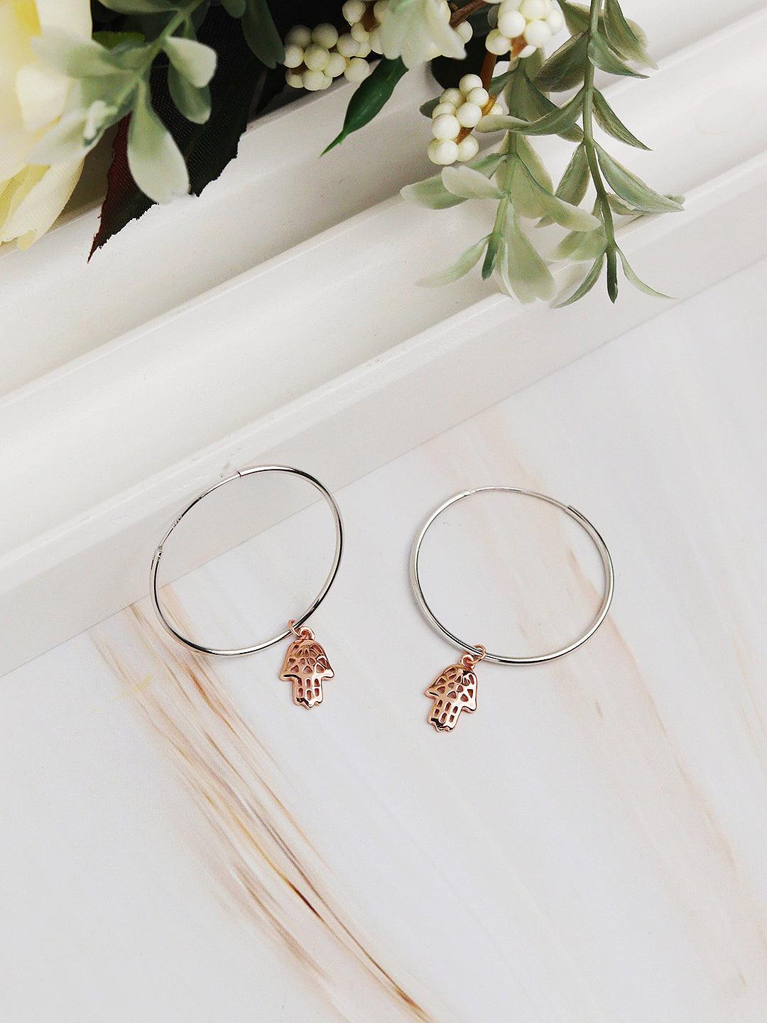 925 Silver Plated In Rose Gold Hamsa Hoops Earrings 