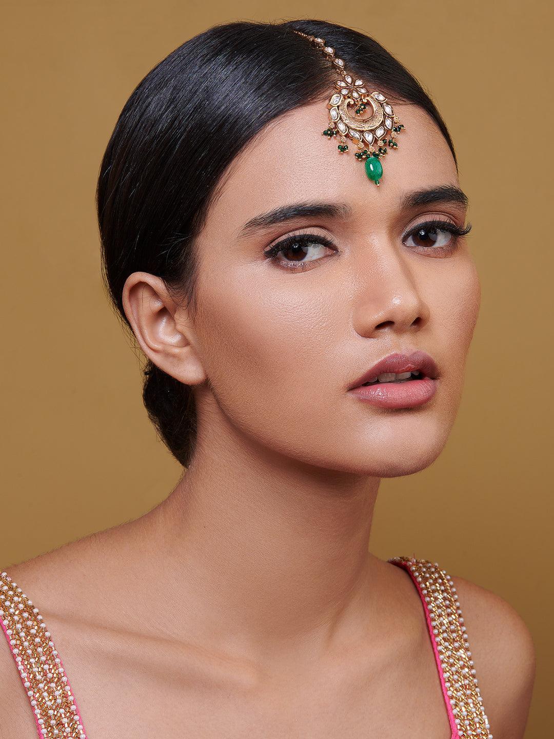 Miera Kundan And Green Stone Embellished Maang Teeka 