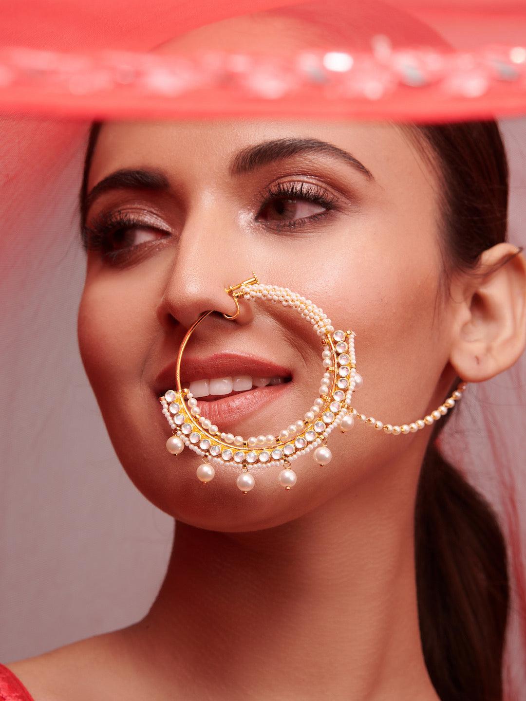 Gold-Plated Kundan & Ruby-Studded & Beaded Handcrafted Chained Nose Ri –  shopnccollection