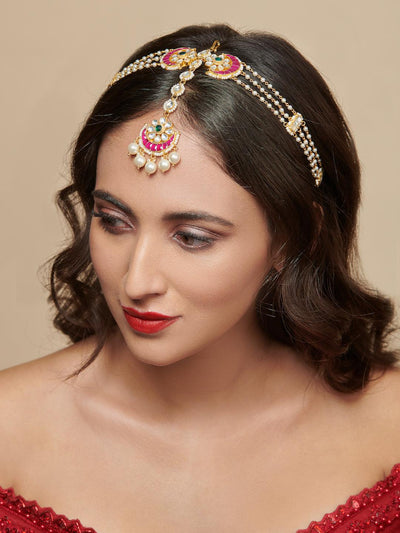  Pearl And Kundan Pink Bridal Sheesh Phool Teeka