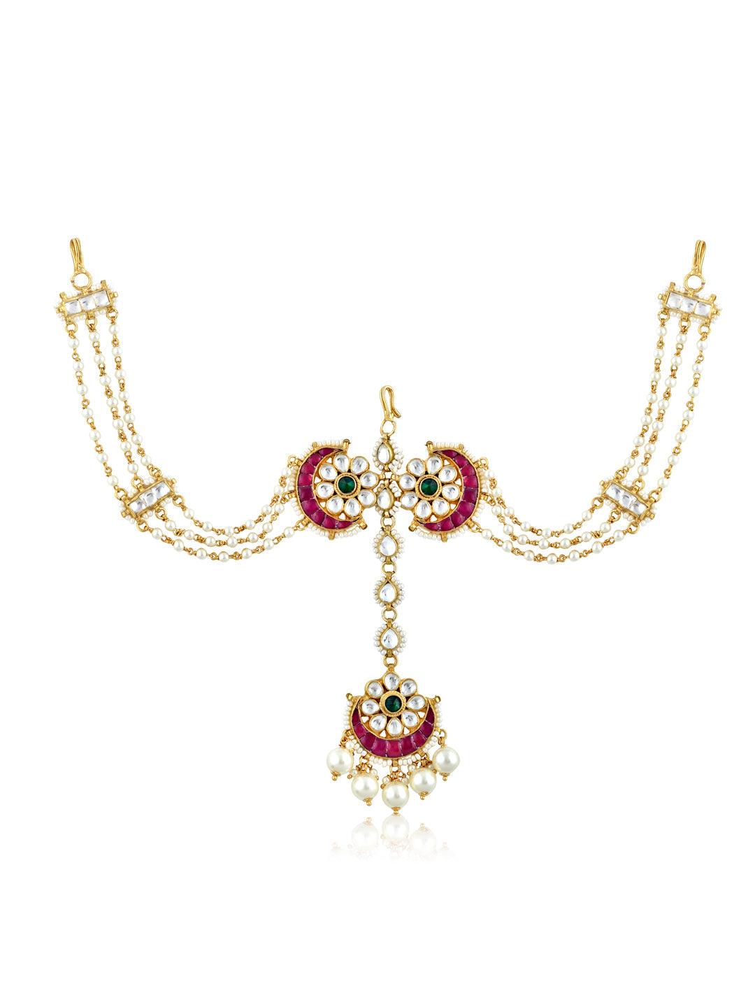 Pearl And Kundan Pink Bridal Sheesh Phool Teeka 