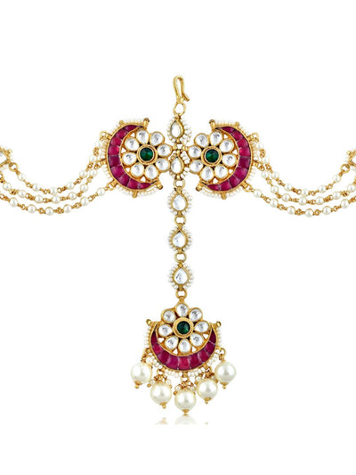 Pearl And Kundan Pink Bridal Sheesh Phool Teeka 