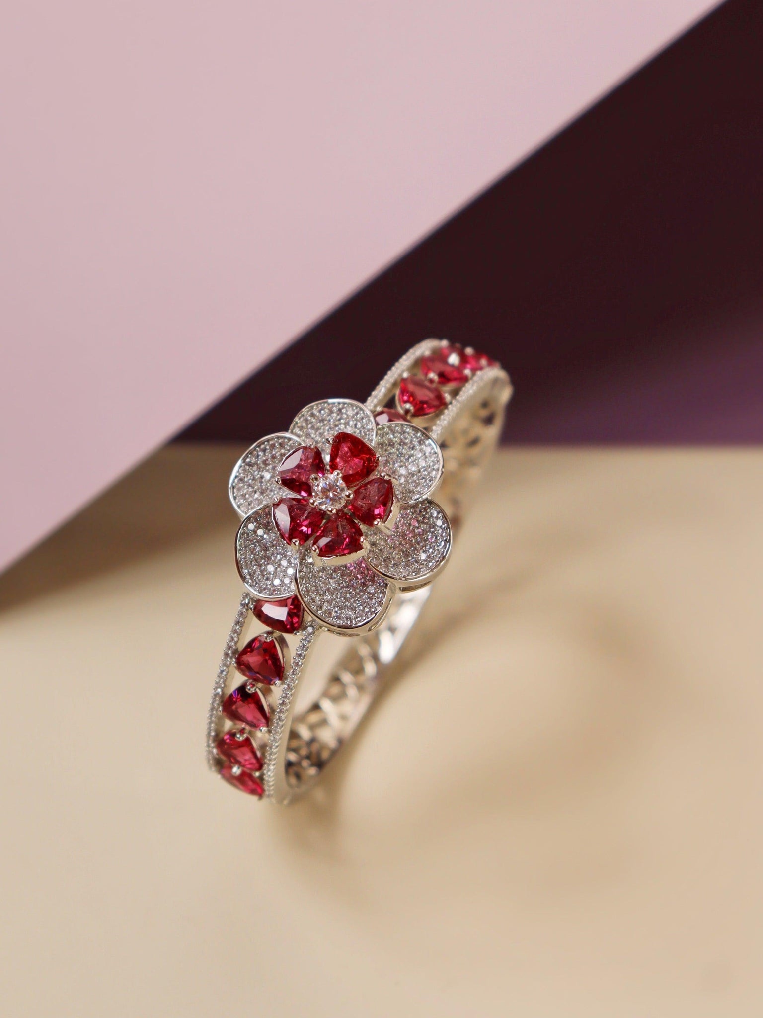 Diamante Red Stone Floral Cubic Zirconia Bangle 