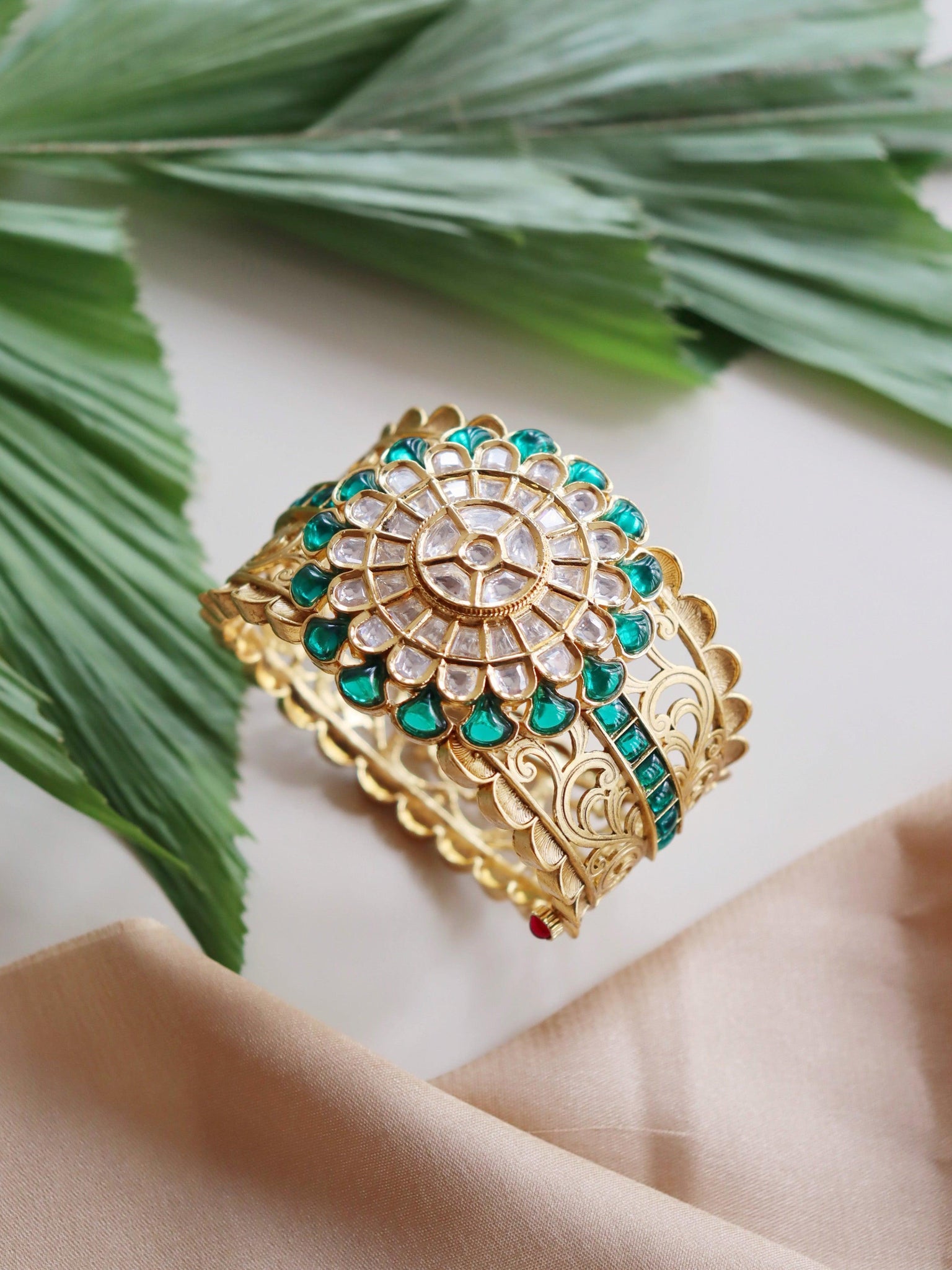 The Bridal Edit - Green And Gold Kundan Cuff Bangle 