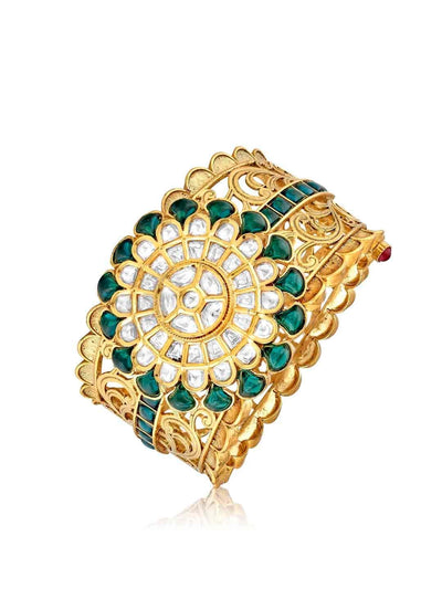 The Bridal Edit - Green And Gold Kundan Cuff Bangle 