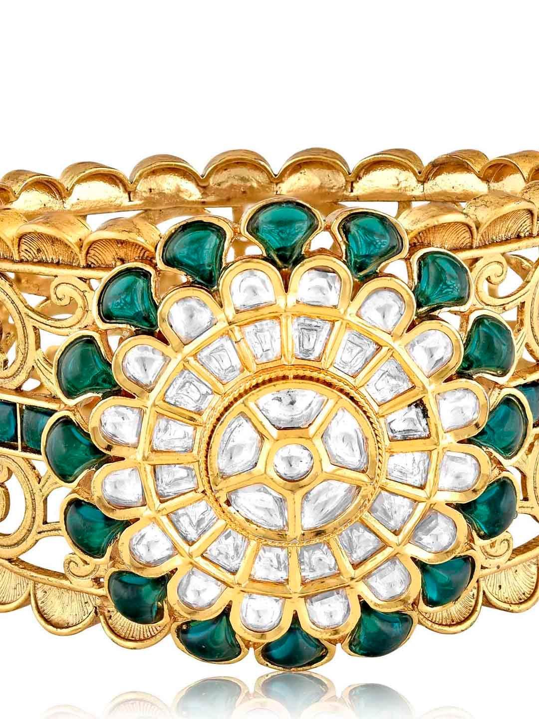 The Bridal Edit - Green And Gold Kundan Cuff Bangle 