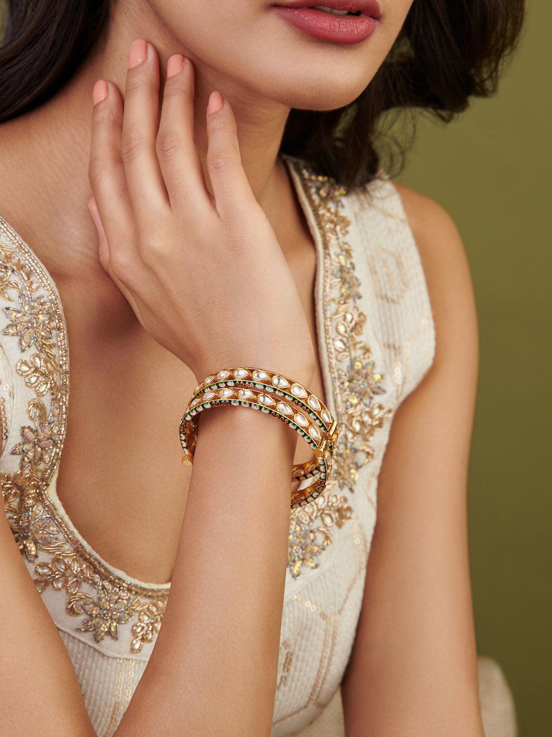  Meira Green and Gold Tone Pair of Kundan Bangles