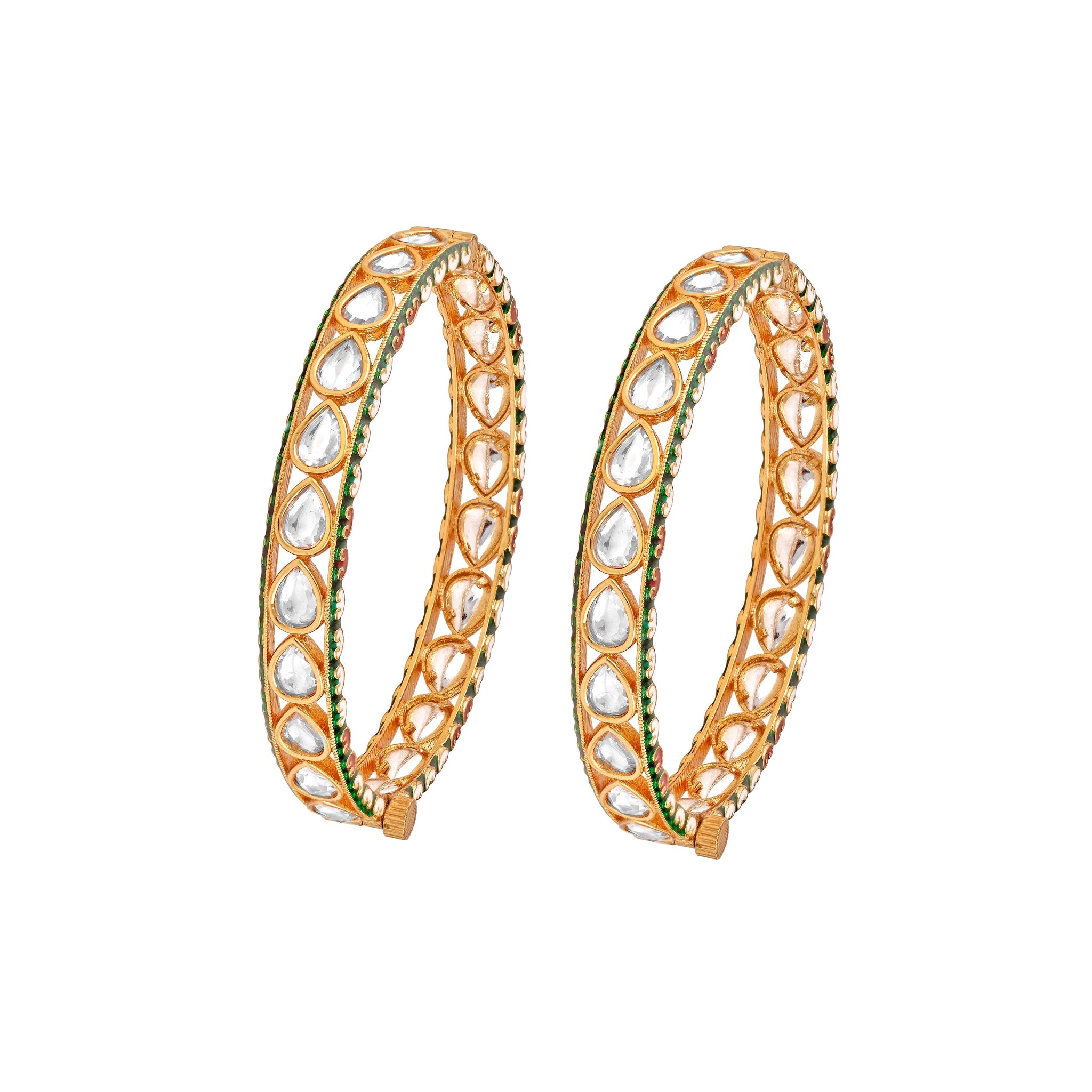  Meira Green and Gold Tone Pair of Kundan Bangles