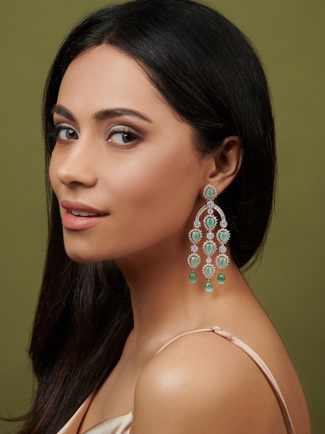 Diamante Mint Green Cubic Zirconia Embellished Chandelier Earrings 