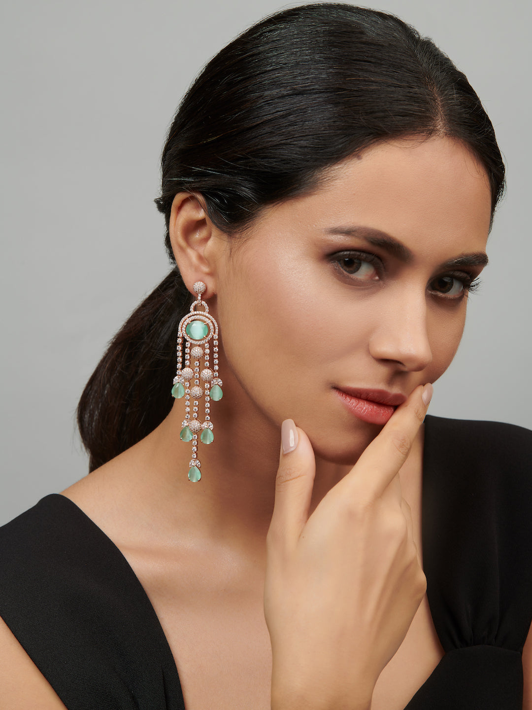Diamante Mint Green And Rose Gold Cubic Zirconia Embellished Chandelier Earrings 