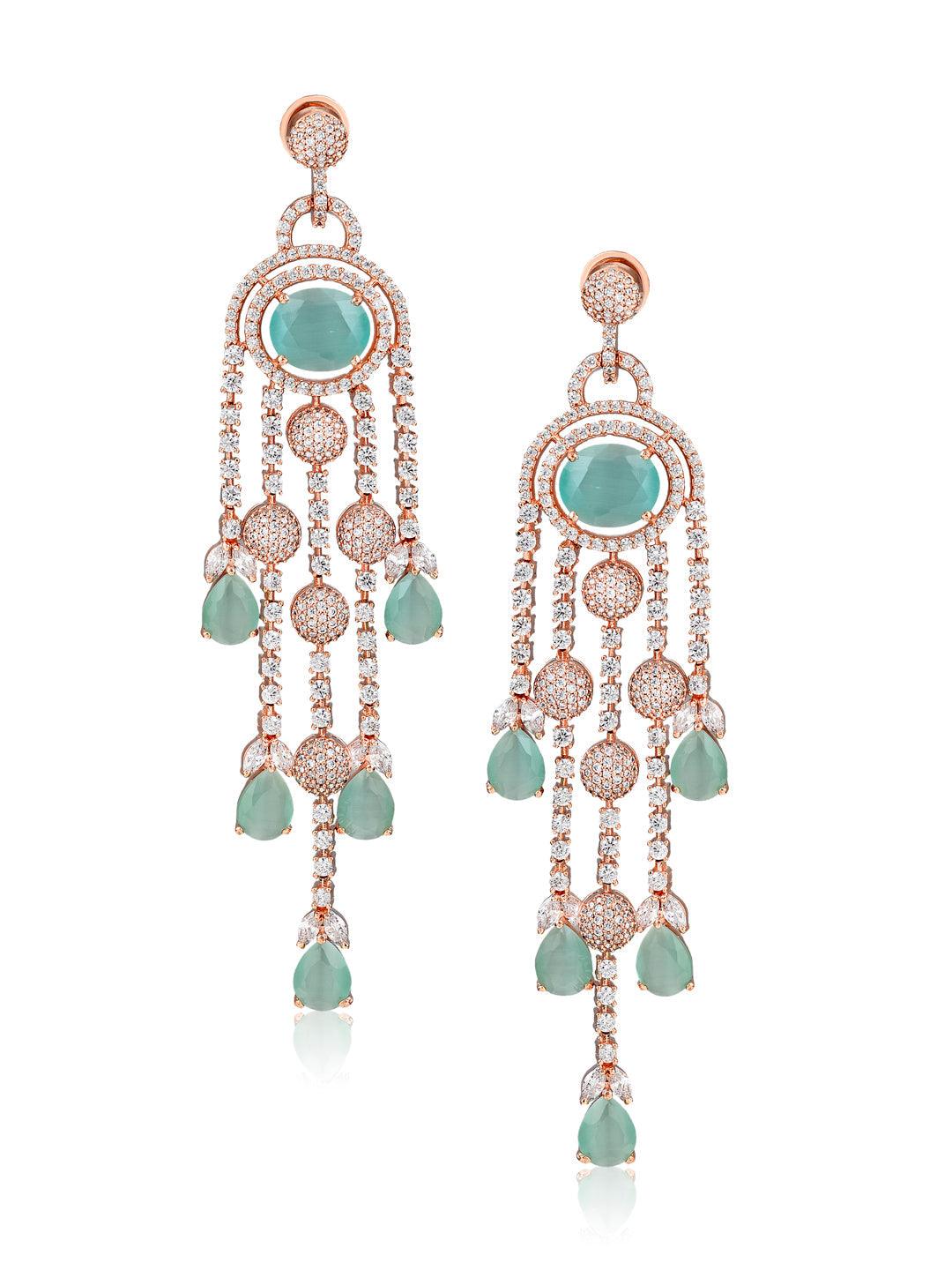 Diamante Mint Green And Rose Gold Cubic Zirconia Embellished Chandelier Earrings 