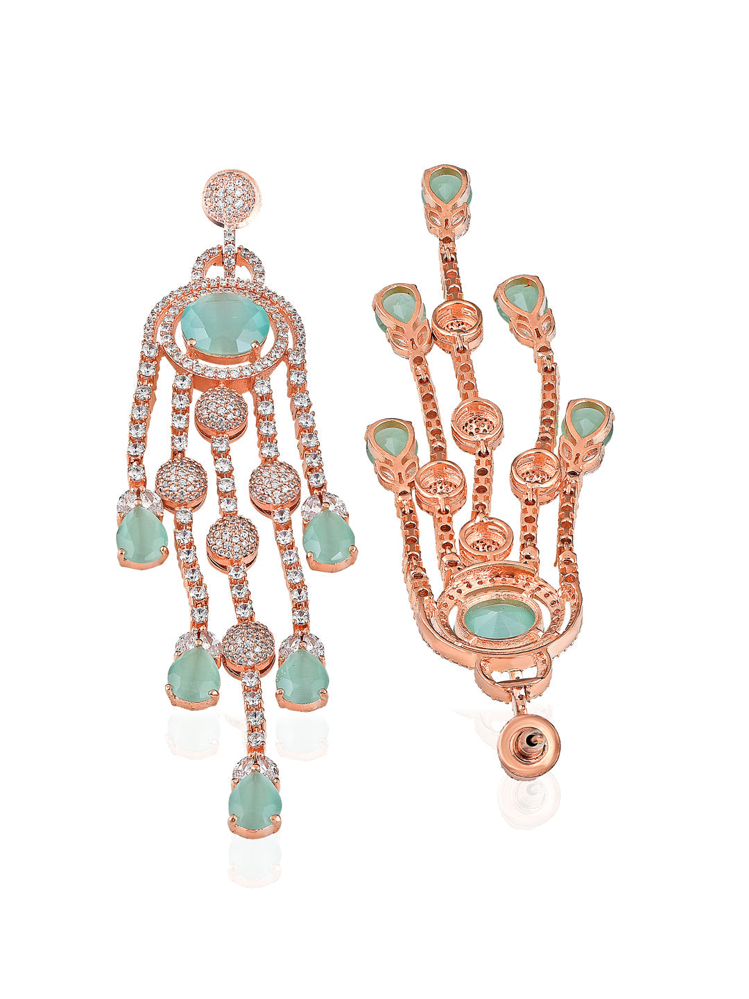 Diamante Mint Green And Rose Gold Cubic Zirconia Embellished Chandelier Earrings 