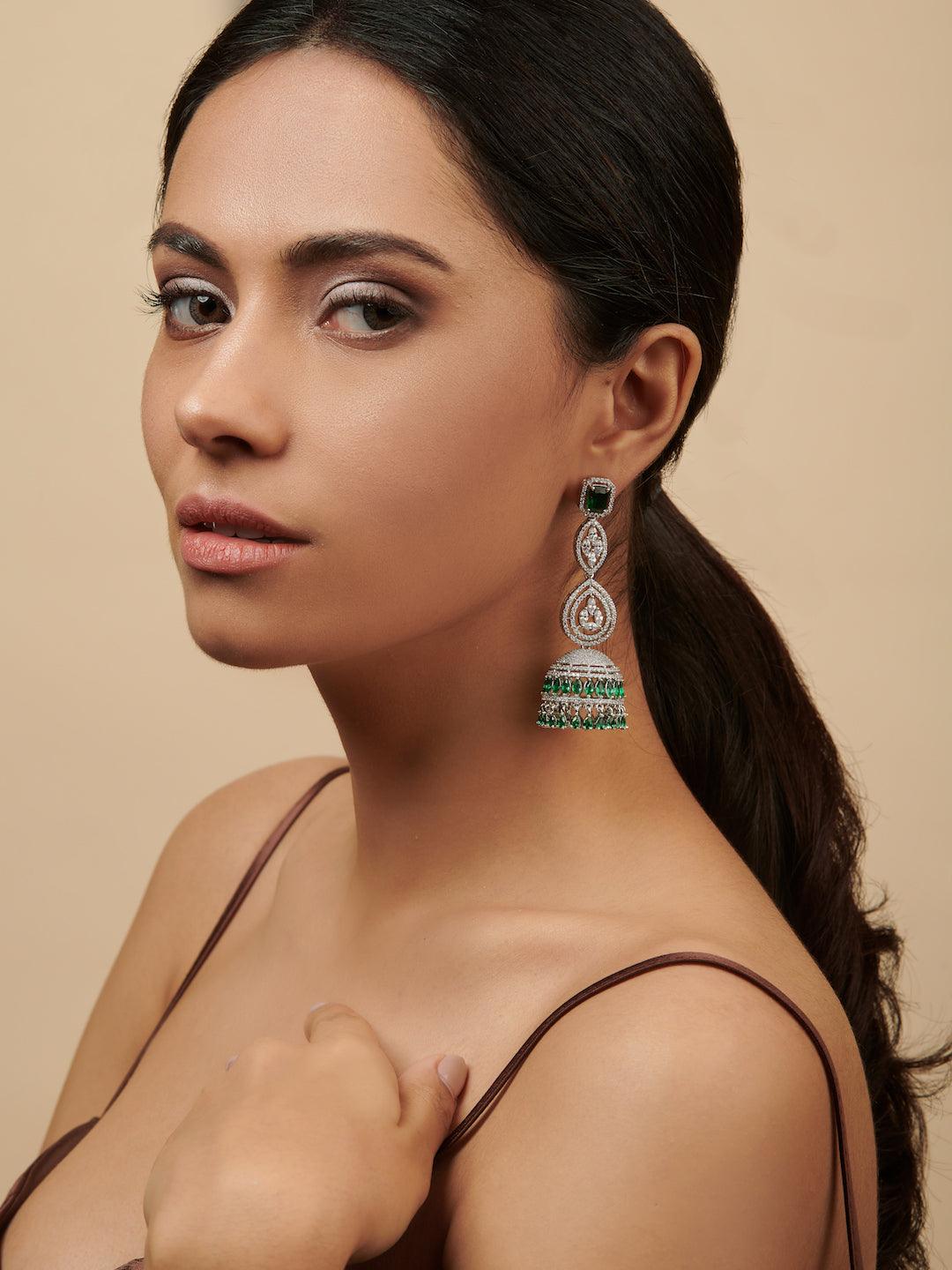 Diamante Emerald Green And Cubic Zirconia Long Earrings 