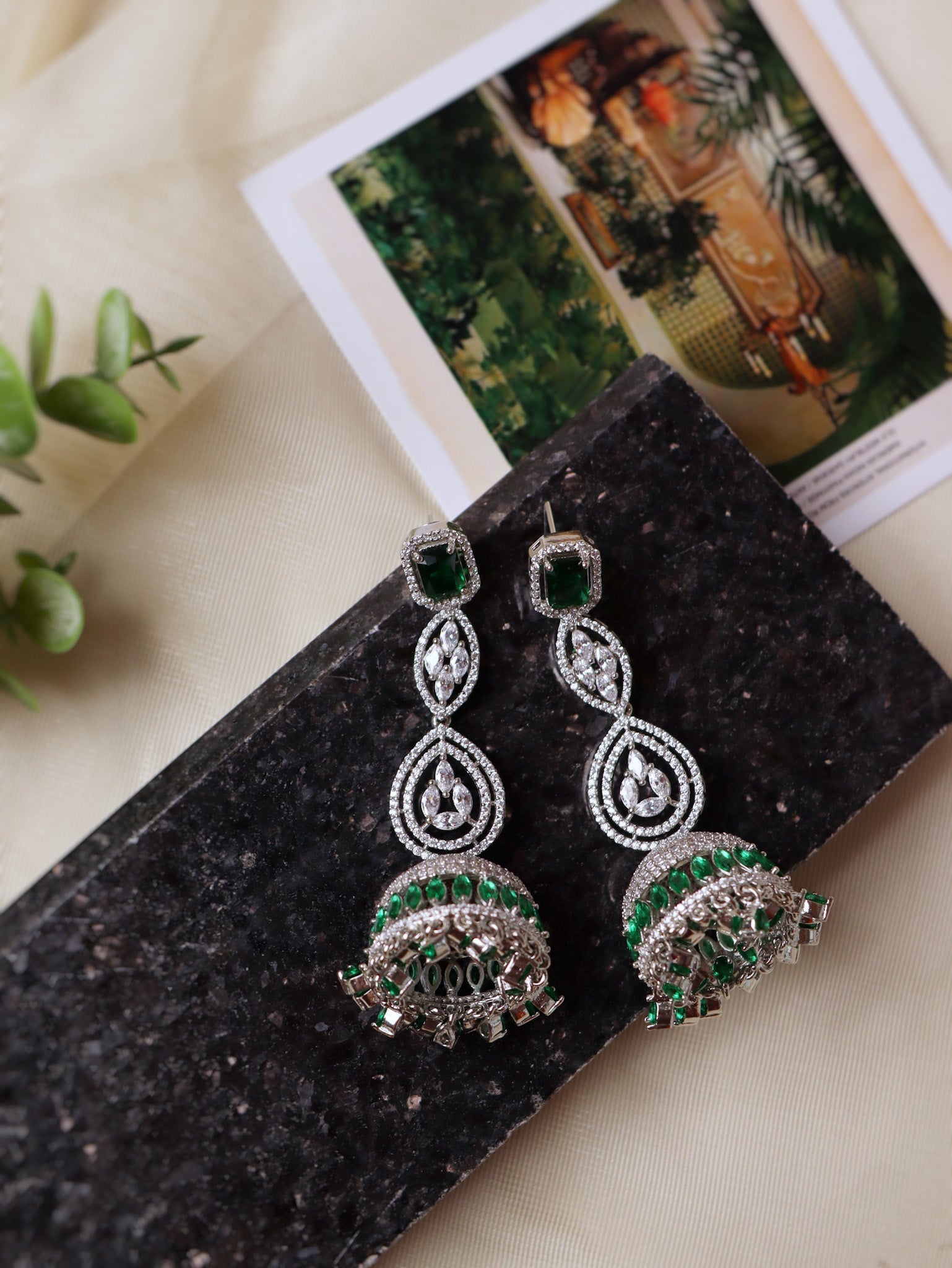 Diamante Emerald Green And Cubic Zirconia Long Earrings 