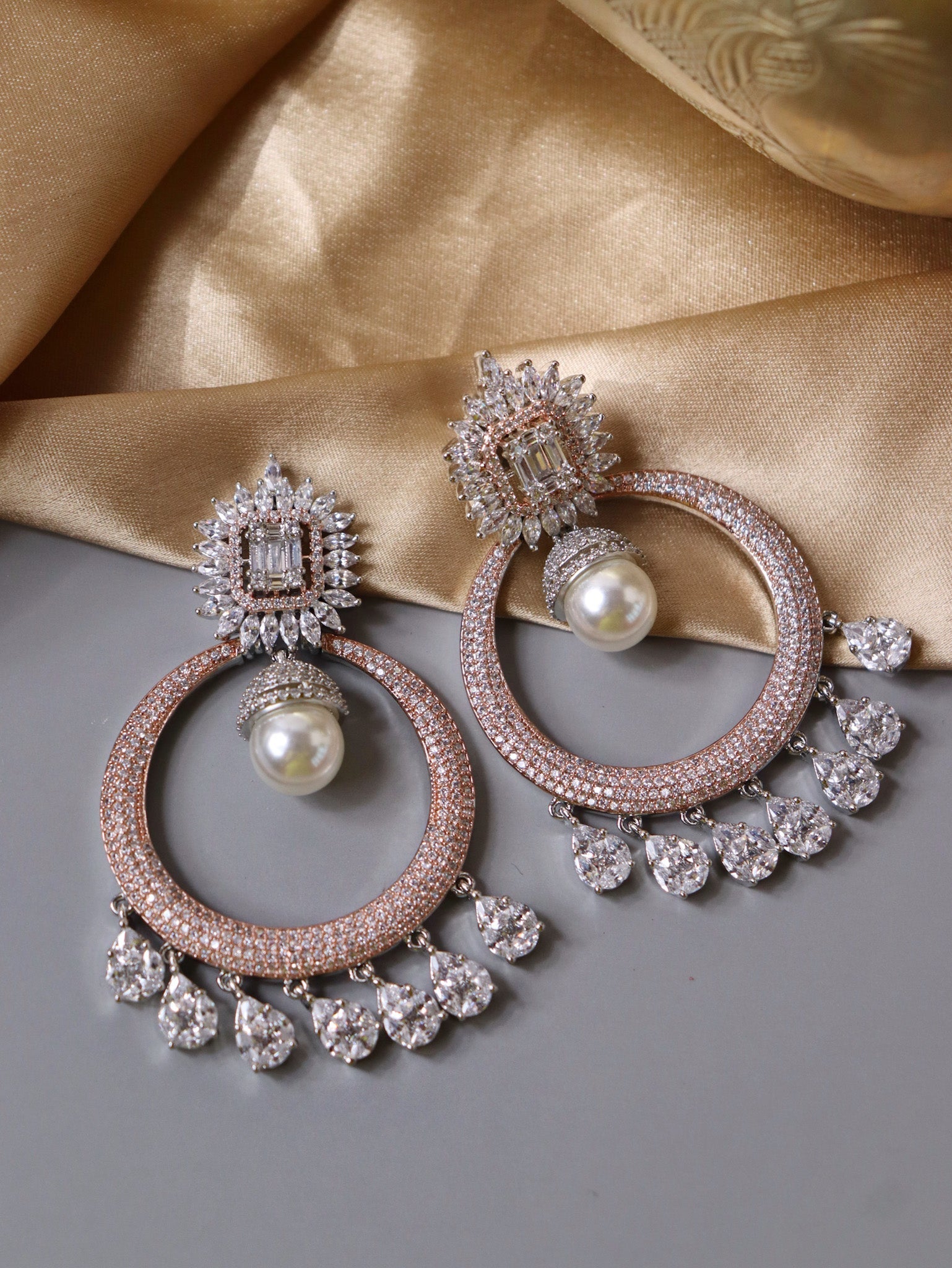 Diamante Rose Gold And Pearl Drop Chandbali Earrings 