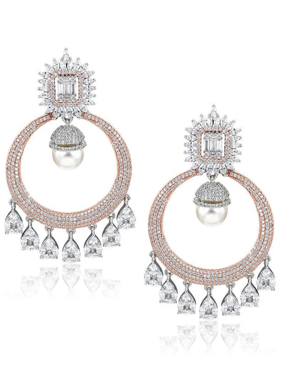 Diamante Rose Gold And Pearl Drop Chandbali Earrings 