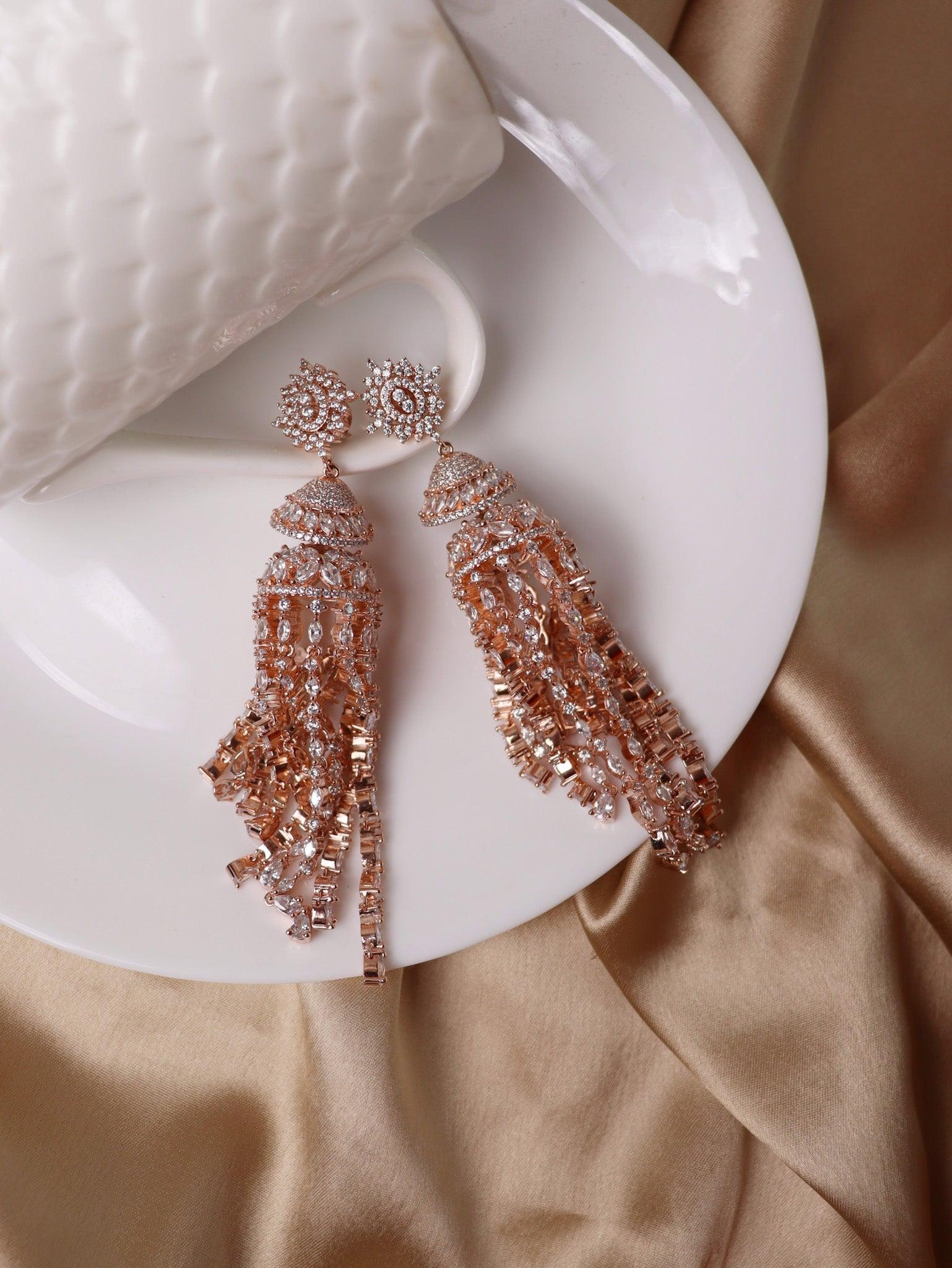 Diamante Rose Gold Shoulder Duster Jhumki Earrings 