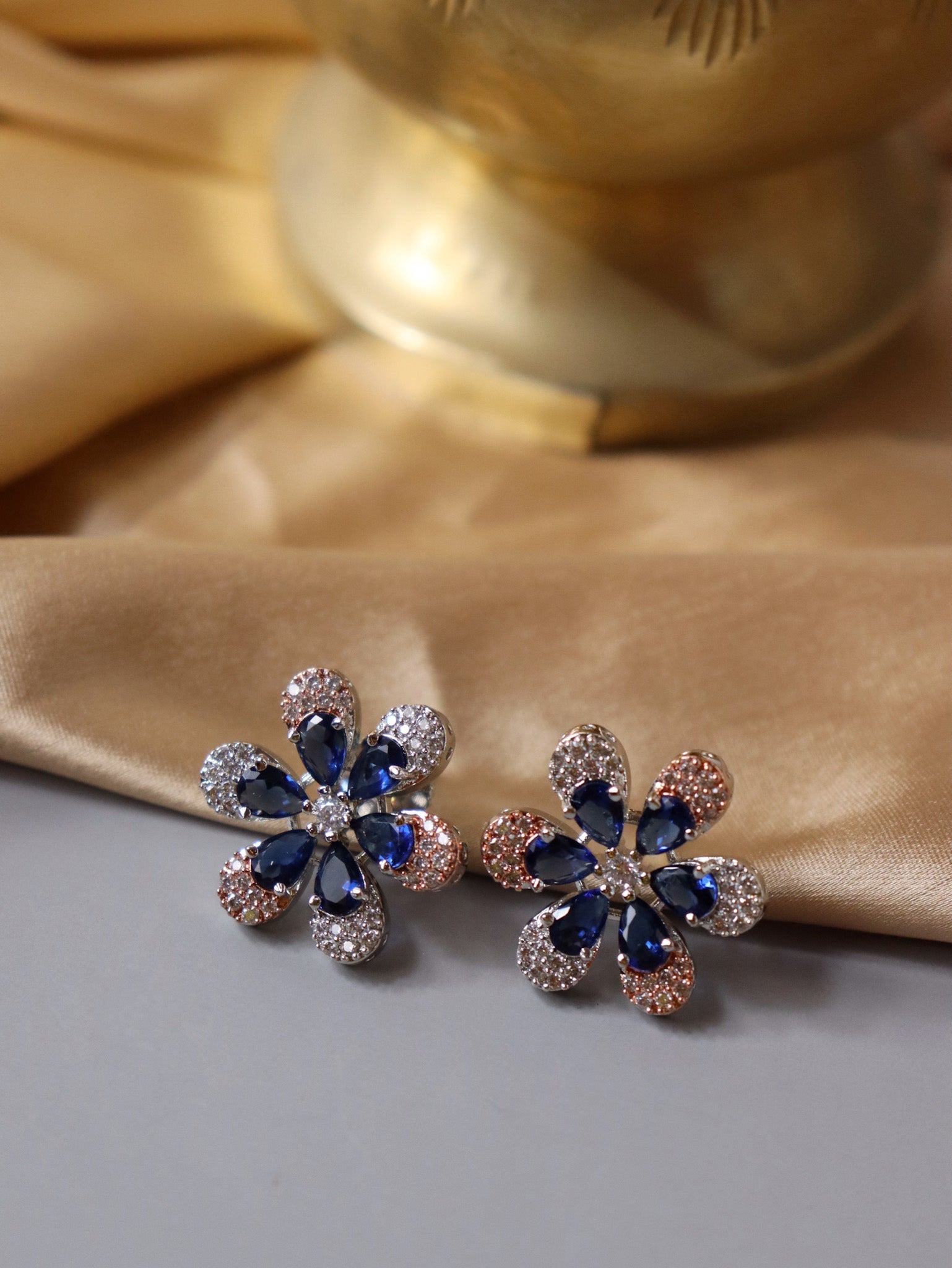  Cubic Zirconia Deep Blue Floral Stud Earrings