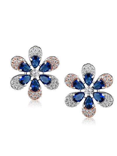 Cubic Zirconia Deep Blue Floral Stud Earrings 