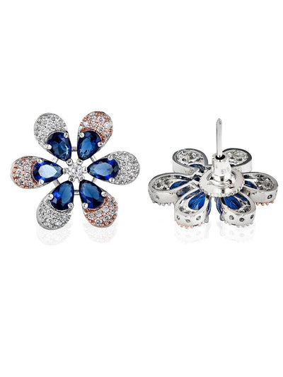 Cubic Zirconia Deep Blue Floral Stud Earrings 