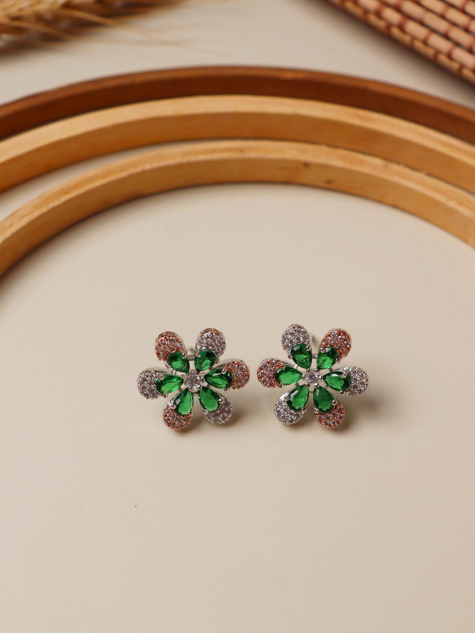 Cubic Zirconia Emerald Green Floral Stud Earrings 