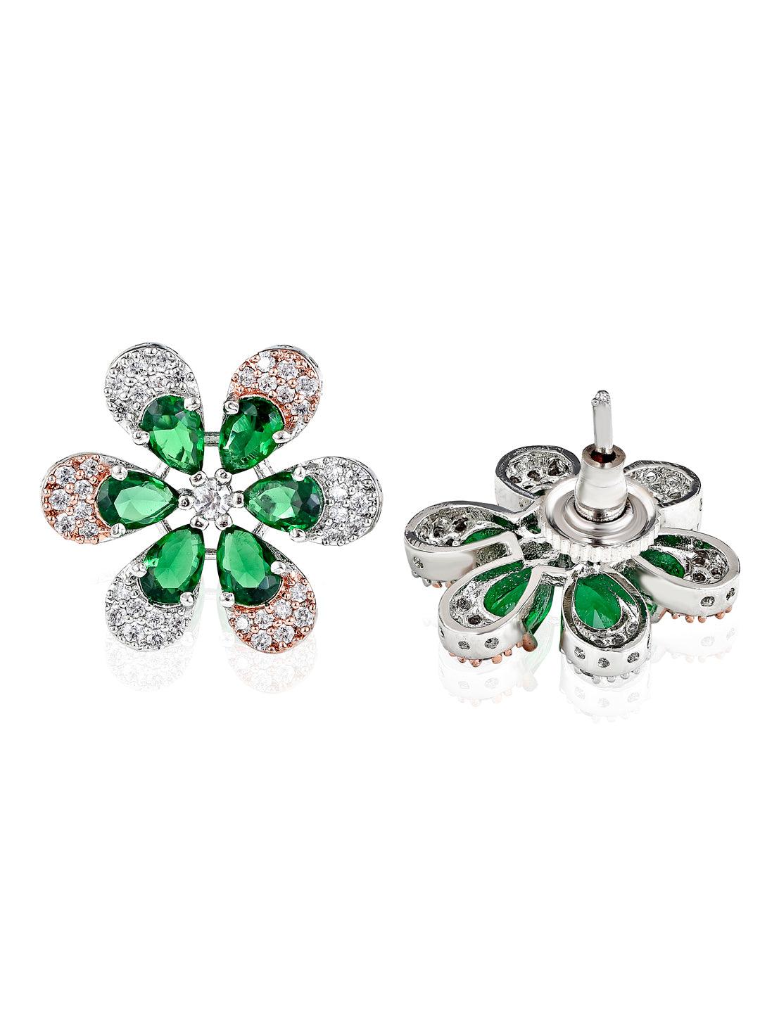 Cubic Zirconia Emerald Green Floral Stud Earrings 