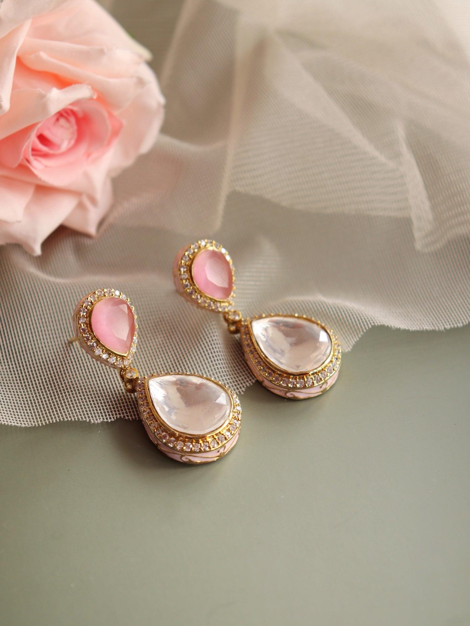 Meira Kundan And Pink Drops Dangler Earrings 