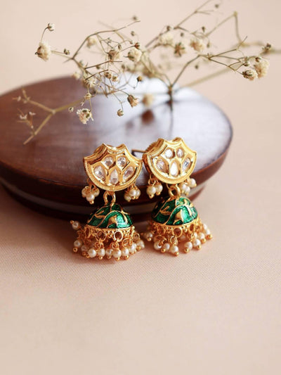  Miera Kundan And Green Enameld Small Earrings