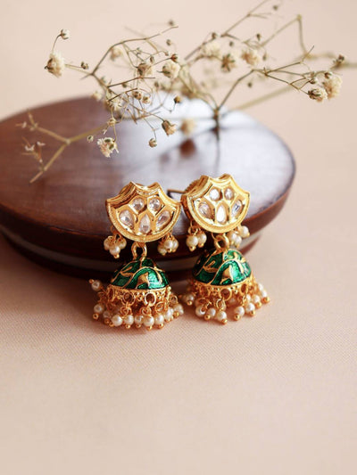 Miera Kundan And Green Enameld Small Earrings 
