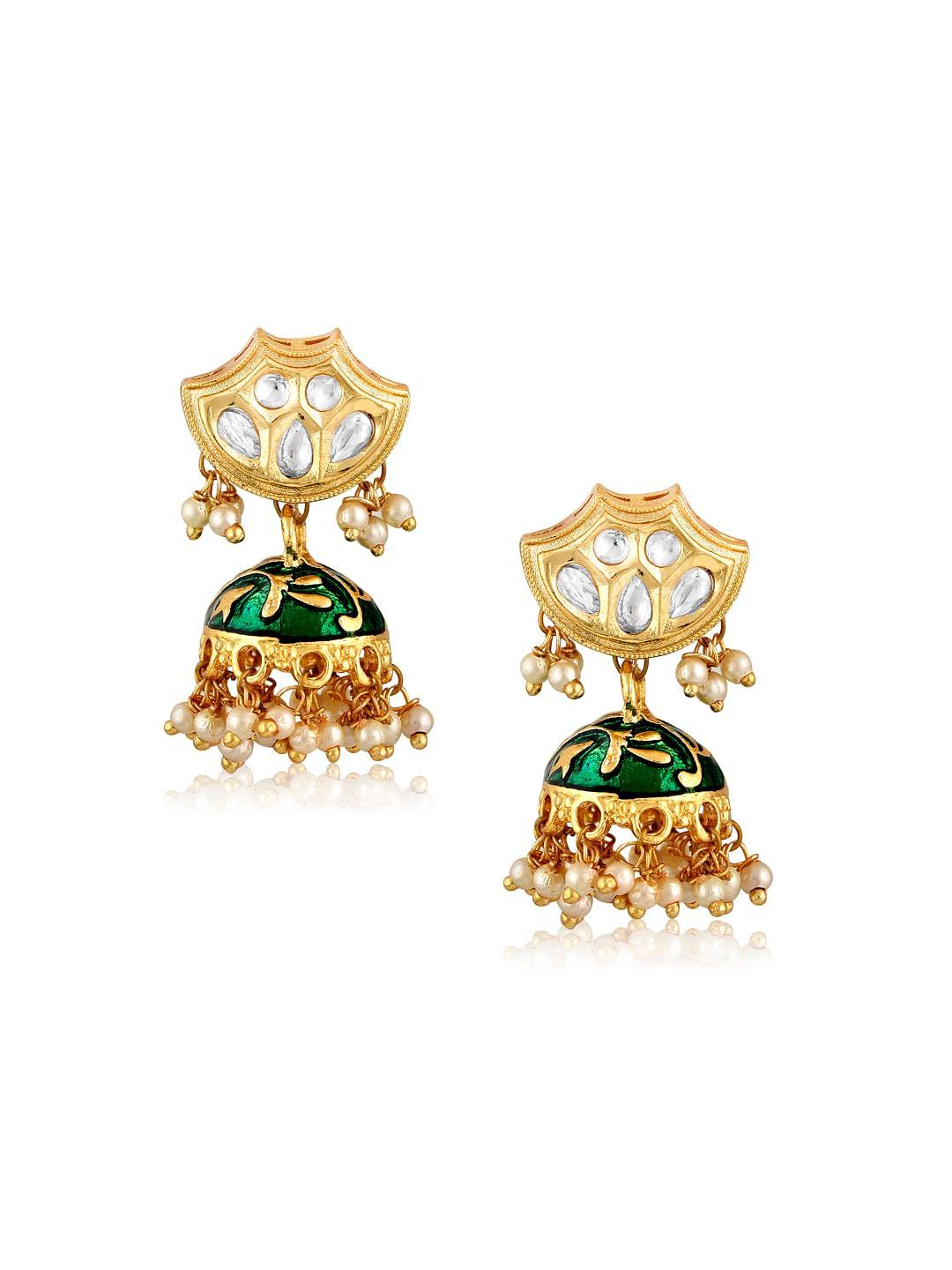 Miera Kundan And Green Enameld Small Earrings 